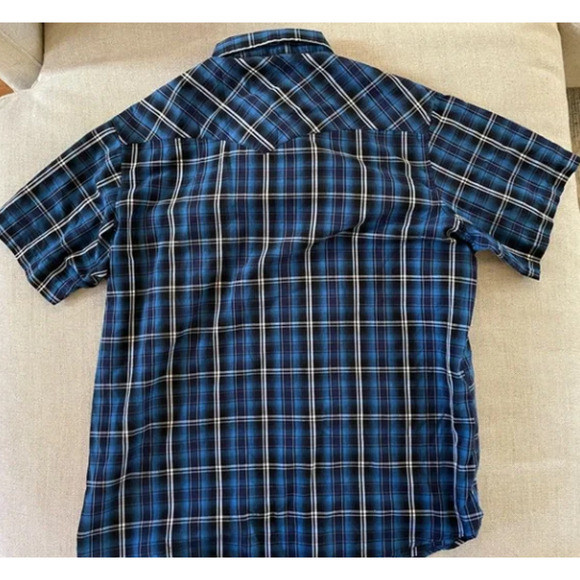 Wrangler Western Wear Pearl Snap Button Up Short Sleeve Shirt Blue Plaid 2XL - Picture 2 of 4